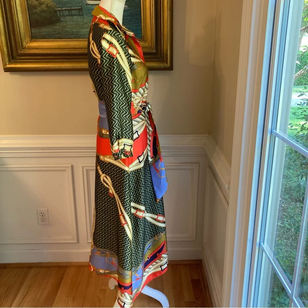 ZARA Scarf Print Midi Maxi Satin Long Sleeve Button Down Shirt Dress - Picture 6 of 14